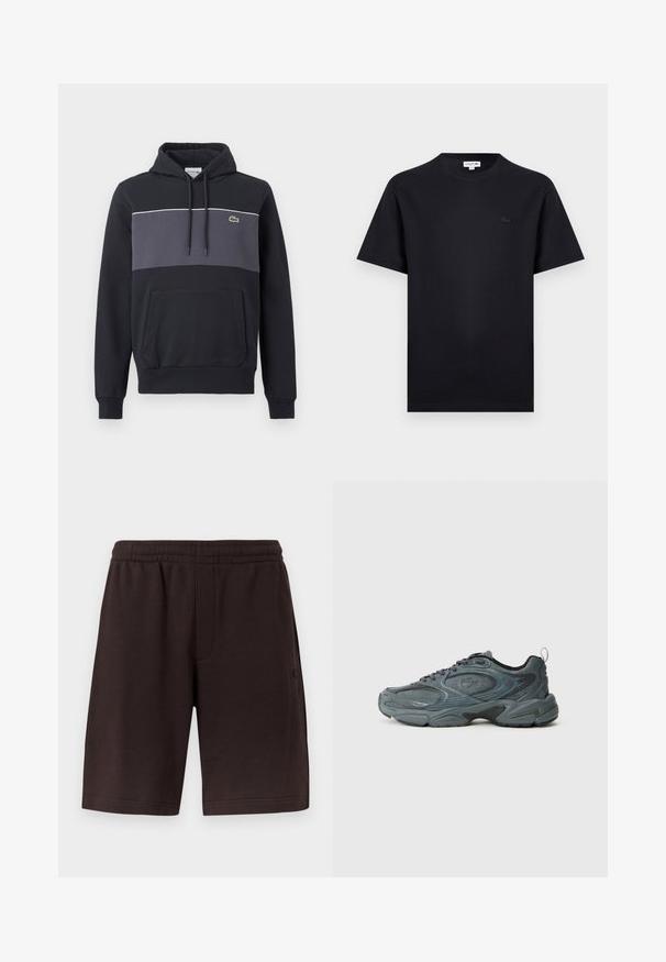 Sweat à capuche noir avec panneau gris foncé sur la poitrine, capuche à cordon réglable, poche kangourou à l'avant et petit logo crocodile vert sur la poitrine.; T-shirt noir à manches courtes avec col rond, orné d'un petit logo crocodile ton sur ton sur le côté gauche de la poitrine.; Shorts en coton brun foncé avec une ceinture élastique et des poches latérales. Le design présente une texture simple et lisse, sans motifs.; Chaussure de sport grise avec un dessus texturé, un bout rond et une semelle épaisse avec des accents noirs. Elle présente des lacets et une tirette au niveau du talon.