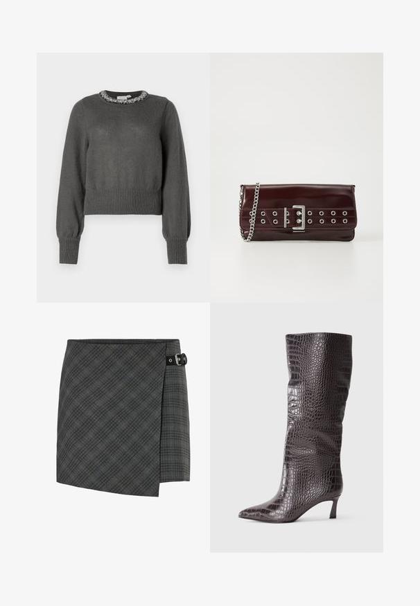 Pull en maille gris foncé avec des manches longues et un détail décoratif en perles au niveau de l'encolure.; Jupe en laine à carreaux gris foncé avec un détail de boucle noire sur le côté droit, ourlet droit et un motif subtil de lignes diagonales.; Bottes montantes en simili cuir marron avec un motif crocodile, bout pointu et un petit talon empilé. Texture lisse, design élégant.; Pochette en simili cuir bourgogne avec une bandoulière en chaîne argentée, dotée d'un design de boucle et d'œillets en métal sur le devant pour plus de détails.