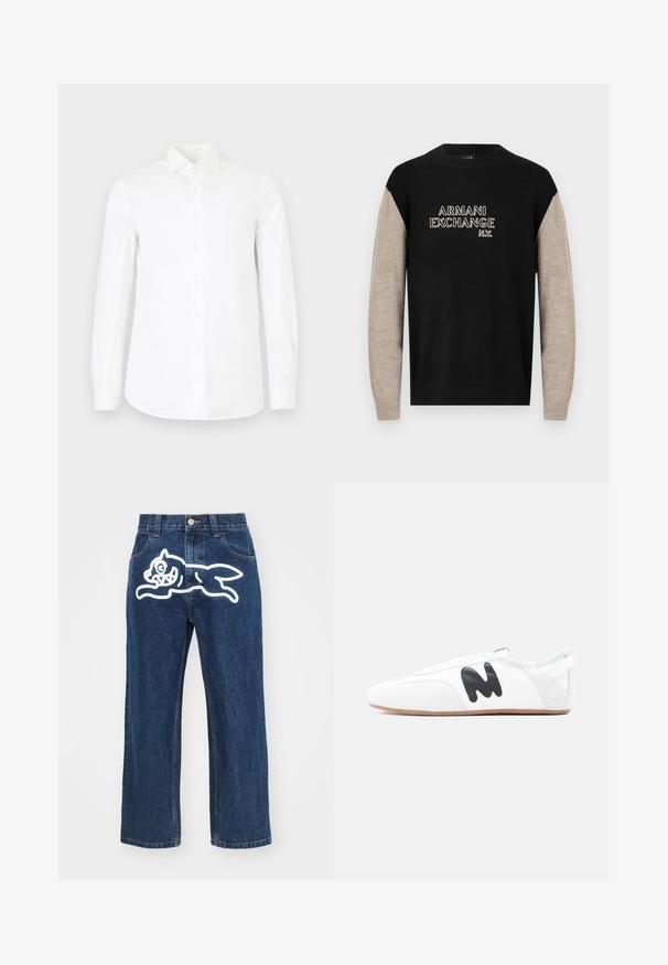 Zwart-beige trui met lange mouwen, voorzien van een ronde halslijn en het logo "ARMANI EXCHANGE N.Y." in contrasterende witte stiknaden.; Witte lange mouwen overhemd met knopen gemaakt van zachte katoen. Bevat een gepunte kraag, volledige knoopsluiting aan de voorkant en een licht taperende taille.; Donkerblauwe wijde jeans met een grote witte cartoonhond graphic op de achterzak. Denimtextuur, traditionele vijf-pocket ontwerp.; Witte lage sneaker met zwart "M"-logo aan de zijkant en lichtbruine zool, gezien vanaf de buitenkant tegen een effen achtergrond.