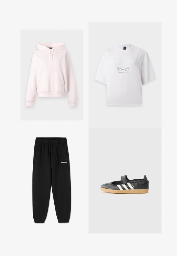 Lyserød hættetrøje med kængurulomme foran, snøre i hætten, ribkant ved ærmerne og et diskret broderet logo på venstre bryst.; Hvid t-shirt med korte ærmer med "TNF" og "THE NORTH FACE" trykt i sort på brystet, vist fladt på en hvid baggrund.; Sorte sweatpants lavet af blødt stof, med snoretræk i taljen, tætsiddende ben og sidelommer. "PEGADOR" logo i hvid på fronten.; Sort læder- og ruskinds sneakers med en Velcro-rem, der har tre hvide striber og en gummisål, mærket "SAMBA" på siden.