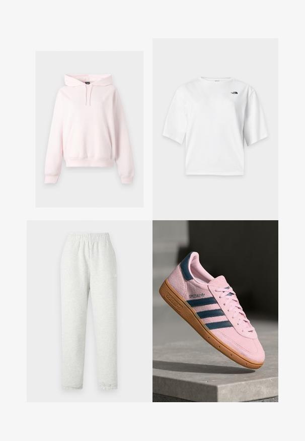 Sudadera con capucha de color rosa claro, con bolsillo tipo canguro en el frente, capucha con cordón, puños acanalados y un sutil logo bordado en el pecho izquierdo.; Camiseta blanca de manga corta y cuello redondo con el logo de The North Face en negro en el pecho izquierdo.; Pantalones de chándal gris claro con una cinturilla elástica, piernas cónicas y puños acanalados. Fabricados con un tejido suave y texturizado. Detalle del logo blanco en el lateral.; Zapatilla deportiva de ante rosa claro con tres franjas azul marino, suela de goma y cordones rosa claro. Presenta la marca "SPEZIAL" en el lateral.