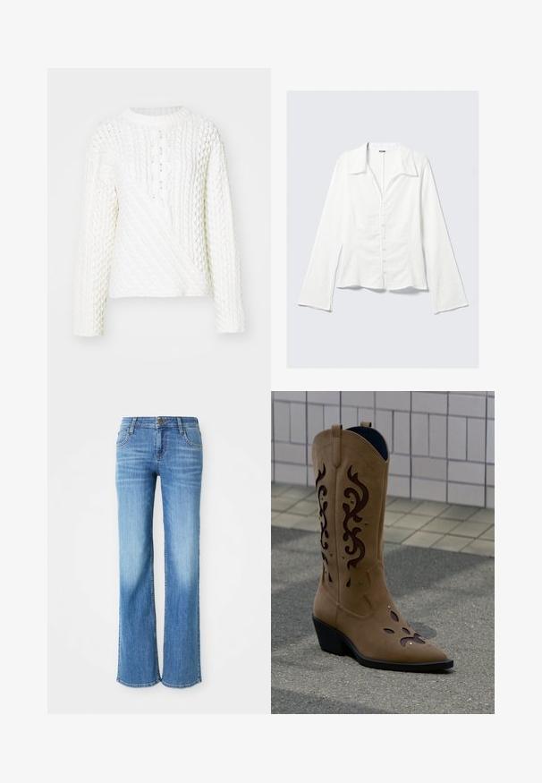 Pull en tricot blanc avec un motif en relief de type cable, encolure ronde et manches longues. Le design comprend une section avant en diagonale.; Chemise blanche à manches longues avec col, coupe ajustée, tissu texturé, fermeture à boutons sur le devant et manches évasées. Étiquette de la marque visible.; Jean en denim bleu clair, avec une coupe droite, cinq poches et une fermeture à bouton classique avec une étiquette de marque sur la taille.; Botte de cowboy en daim beige avec des découpes décoratives marron foncé et des coutures, posée sur un trottoir devant un mur carrelé.