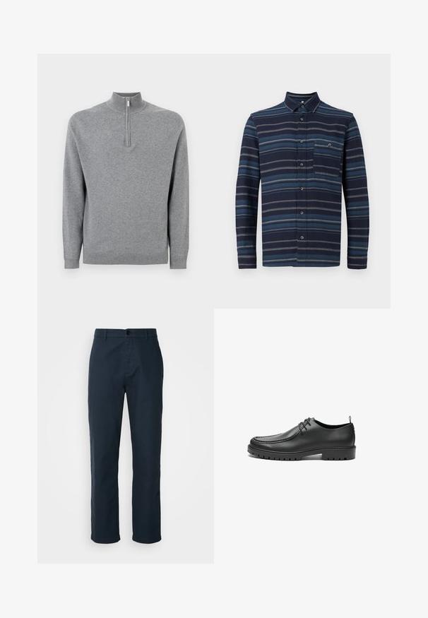 Pull-over gris avec un col haut et une fermeture éclair quart de longueur. Dispose de poignets et d'un ourlet côtelés, fabriqué à partir d'un tissu tricoté doux.; Chemise à manches longues avec un fond navy et des rayures horizontales bleues variées, un col et une poche sur la poitrine. Texture de tissu douce.; Chinos bleu marine en tissu de coton, avec une coupe droite, fermeture à bouton et poches latérales pour plus de praticité.; Chaussures en cuir noir avec une finition lisse, bout arrondi et coutures décoratives. Elles possèdent une semelle en caoutchouc avec des rainures de traction et un laçage.