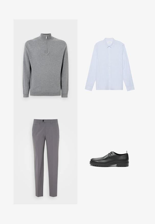 Suéter gris de pullover con cuello alto y cremallera de un cuarto. Cuenta con puños y dobladillo acanalados, fabricado en una suave tela de punto.; Camisa de botones de manga larga a rayas azul claro. Con un cuello tradicional, botones blancos y una suave mezcla de algodón.; Pantalones grises a medida con una textura suave, diseño de pierna recta, cierre de un solo botón y bolsillos frontales. Sin patrones ni acentos visibles.; Zapatos de cuero negro con un acabado suave, punta redondeada y costuras decorativas. Cuenta con una suela de goma con surcos para tracción y un diseño de cordones.