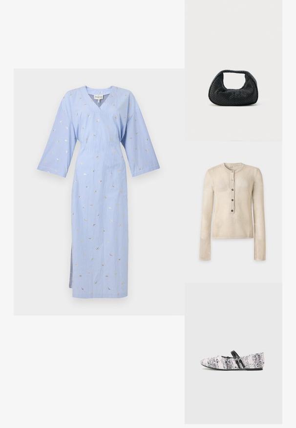 Haut beige texturé en maille à manches longues avec col rond et patte de cinq boutons au centre devant.; Robe rayée bleu et blanc avec un col en V, des manches trois-quarts, et des motifs de croissants de lune dorés. Fente latérale pour faciliter les mouvements.; Chaussure plate avec un dessus en tissu texturé multicolore rose, blanc et noir. Deux straps noirs à l'avant, sans talon.; Sac hobo tissé noir avec une structure souple et une poignée intégrée, présenté sur un fond clair uni.