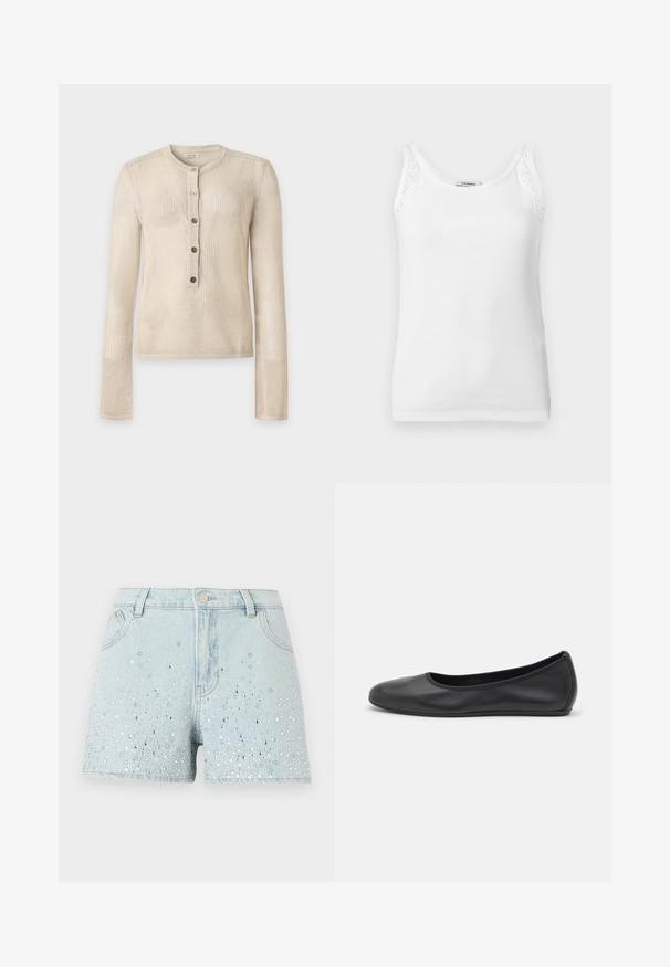 Haut beige texturé en maille à manches longues avec col rond et patte de cinq boutons au centre devant.; Débardeur blanc côtelé sans manches avec bordure en dentelle sur les bretelles, doté d'un col rond.; Shorts en denim bleu clair avec des ornements en strass argentés et blancs dispersés sur le devant, dotés de passants pour ceinture, d'un bouton et de poches.; Ballerines en cuir noir avec un bout rond, texture lisse, détails de couture minimalistes et design de semelle flexible.