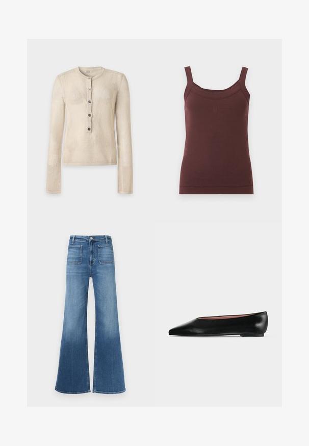 Beige gestructureerde gebreide top met lange mouwen, ronde hals en vijfknopenlijst middenvoor.; Mouwloze bruine geribde tanktop met vierkante halslijn en subtiel geborduurd logo middenvoor.; Flared blauwe denim jeans met een middenhoogte taille, vijf zakken en een vervaagde was. Voorzien van riemlussen en een enkele knoopsluiting.; Zwarte leren damesschoen met platte zool, puntige neus en lage hak, zijwaarts afgebeeld tegen een effen lichtgrijze achtergrond.