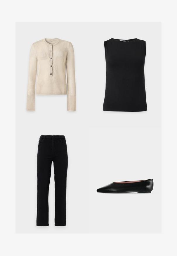 Beige tekstureret striklangærmet top med rund halsudskæring og fem-knaps placket foran i midten.; Sort ærmeløs dametop med bådhals, lavet af glat stof, vist på ensfarvet baggrund.; Sorte jeans i denim med lige ben, en mellemhøj talje og fem lommer. Har en frontlukning med knap og bæltestropper.; Sort damesko i læder med flad hæl og spids tå, vist fra siden på en ensfarvet lys grå baggrund.