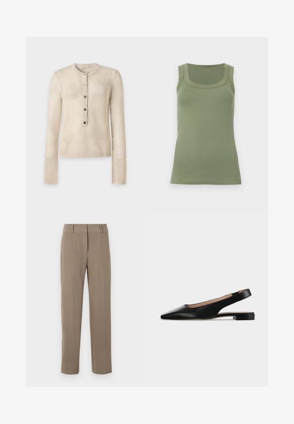 Top beige de punto texturizado de manga larga con escote redondo y tapeta con cinco botones en el centro delantero.; Camiseta de tirantes sin mangas verde con textura acanalada y escote cuadrado, presentada sobre un fondo claro y liso.; Pantalones caqui de pierna recta con trabillas para cinturón y cierre frontal de cremallera sobre fondo blanco.; Zapato plano de cuero negro con tira trasera, puntera puntiaguda y tacón cuadrado bajo sobre fondo blanco.