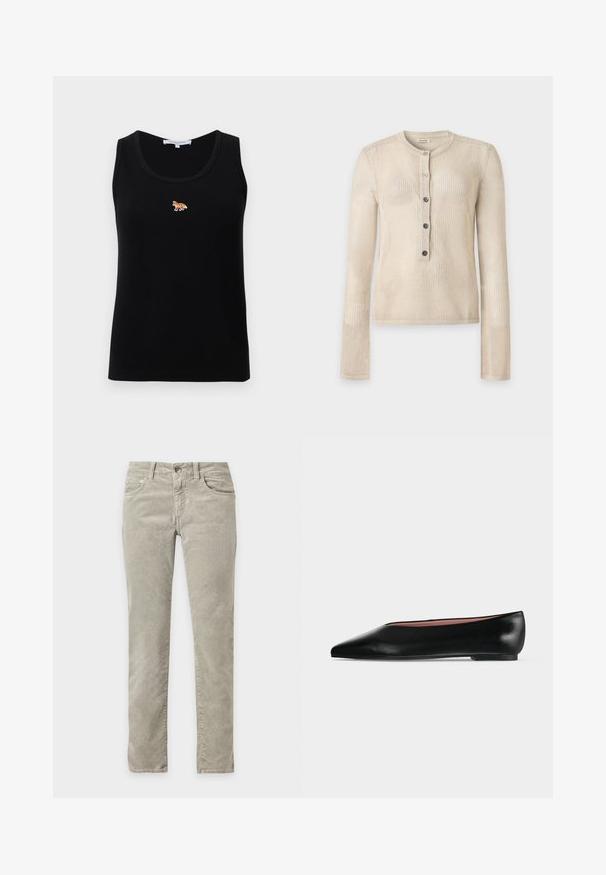 Top beige de punto texturizado de manga larga con escote redondo y tapeta con cinco botones en el centro delantero.; Camiseta sin mangas de canalé negra con un pequeño logotipo bordado de un zorro naranja centrado en el pecho.; Pantalones slim fit de color gris claro con cinco bolsillos, trabillas para cinturón y cierre con botón, mostrados sobre un fondo blanco.; Zapato plano negro de cuero para mujer con punta puntiaguda y tacón bajo, mostrado de lado sobre un fondo liso gris claro.