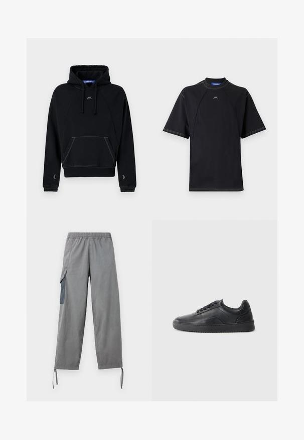 Sweatshirt noir à capuche avec une poche kangourou, présentant des coutures blanches contrastantes, une capuche avec cordons et un petit logo sur la poitrine.; T-shirt noir à manches courtes avec un col rond, présentant des coutures contrastées et un petit logo sur la poitrine. Tissu lisse et extensible.; Pantalons cargo légers gris avec taille élastique, poches latérales, bas ajustables et texture lisse.; Chaussure de sport en cuir noir avec une finition lisse, bout arrondi, panneau latéral texturé et lacets noirs. Présente une semelle en caoutchouc plate et un design minimaliste.