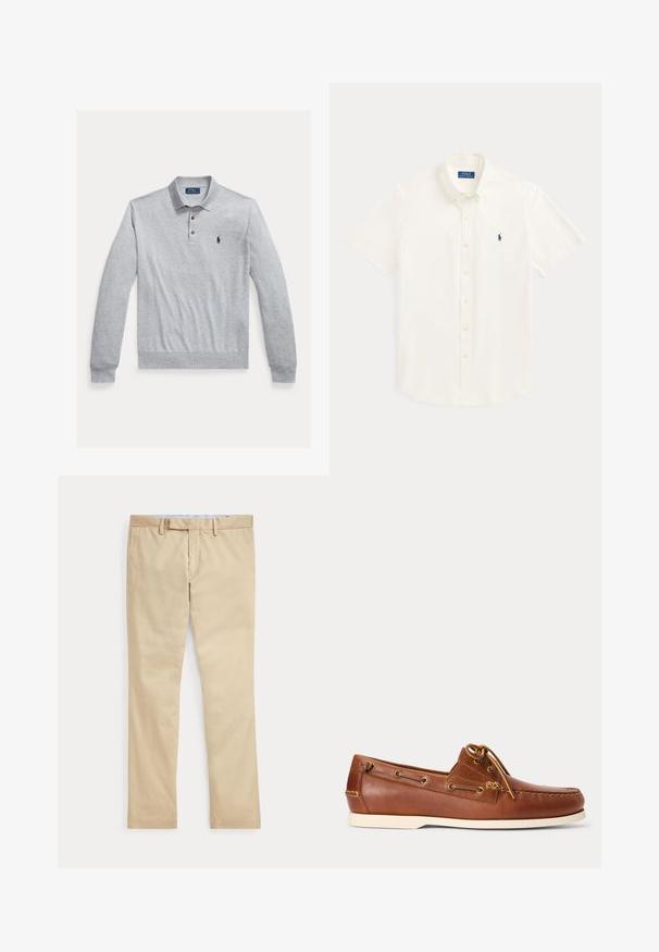 Polo gris de manga larga hecho de algodón, con tapeta de tres botones, puños acanalados y un pequeño logo azul marino en el pecho izquierdo.; Camisa blanca de manga corta con botones, cuello y pequeño logo Polo Ralph Lauren azul marino en el pecho izquierdo.; Pantalones beige de corte recto con trabillas para cinturón y cremallera frontal, colocados planos sobre un fondo blanco.; Zapato náutico de cuero marrón con suela blanca, cordones atados en la parte superior y ojales metálicos a lo largo de los lados y la costura delantera.