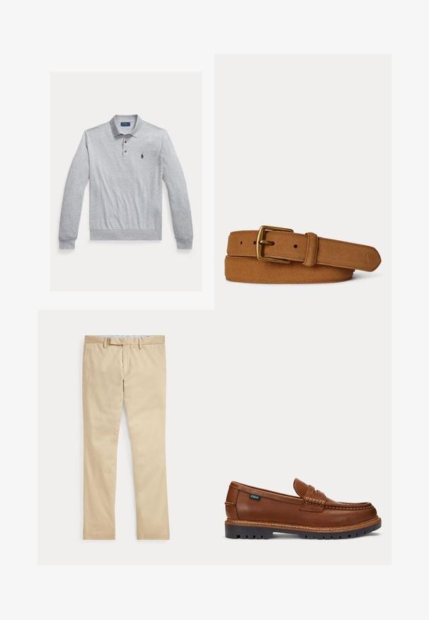Polo gris de manga larga hecho de algodón, con tapeta de tres botones, puños acanalados y un pequeño logo azul marino en el pecho izquierdo.; Pantalones beige de corte recto con trabillas para cinturón y cremallera frontal, colocados planos sobre un fondo blanco.; Mocasín de cuero marrón con detalles cosidos, suela negra resistente y pequeña etiqueta "Polo" en el lateral.; Cinturón de cuero ante marrón con hebilla de metal dorado, bordes cosidos y logotipo en relieve en la punta sobre un fondo liso.