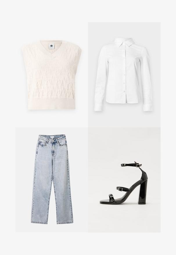 Crèmekleurig gebreid mouwloos sweatervest met V-hals en subtiel gestructureerd patroon, van het merk Element, maat small.; Witte blouse met lange mouwen en knopen, met puntige kraag, rechte zoom en aansluitende silhouet, weergegeven op een effen lichte achtergrond.; Lichtblauwe straight-leg jeans van denim, met twee voorkruimelzakken, een knoopsluiting en contrasterende stiksels langs de naden.; Zwarte patent lederen sandalen met hoge hakken, twee gespenbanden, een vierkante neus en een stevige blokhak, met een gladde, glanzende textuur.