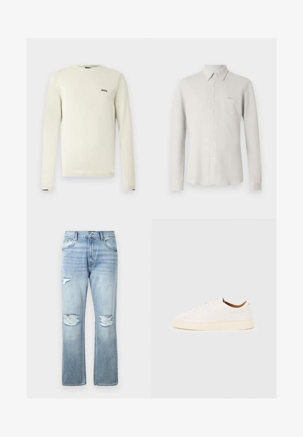 Lysebeige sweater med lange ærmer, rund hals, ribstrikkede manchetter og et lille sort "BOSS"-logo på brystet. Glat tekstur, afslappet design.; Lysegrå skjorte med knapper foran, tekstureret stof, krave og lange ærmer; har et diskret "BOSS"-logo på brystet.; Lysblå denim jeans med slidte huller på begge knæ og et lille hul på den øverste venstre lår, klassisk fem-lomme stil.; Hvid lavtop-sneakers med snørelukning, minimale syningsdetaljer og en cremefarvet sål på en lysegrå baggrund.