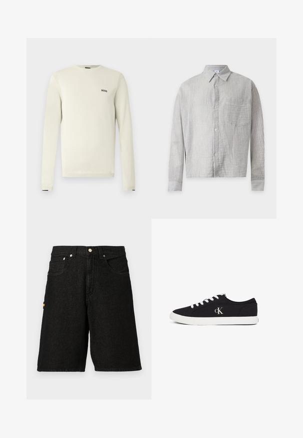 Lysebeige sweater med lange ærmer, rund hals, ribstrikkede manchetter og et lille sort "BOSS"-logo på brystet. Glat tekstur, afslappet design.; Langærmet skjorte med knapper og tynde lodrette grå og hvide striber, spids krave, forlomme og fire knapper foran.; Sorte denimshorts med et klassisk fem-lomme design, sølvhardware og en diskret orange detalje på sidelommen.; Sort lavt sneakers med hvide snørebånd og sål, med "cK" logo på siden, vist på en hvid baggrund.