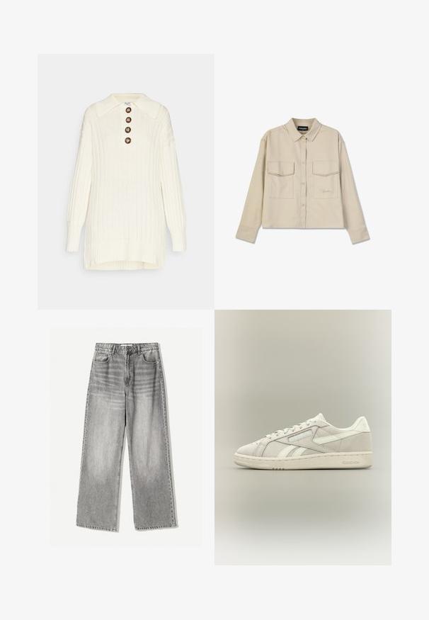 NA-KD OVERSIZED BUTTON DETAIL - Svetrík - cream; Béžová košeľa na gombíky s golierom, dlhými rukávmi a dvoma náprsními vreckami. Má vyšívané logo a hladkú, jemnú textúru.; Džínsy s širokými nohavicami v vyblednutom čiernom denime s vysokým pásom, ktoré majú päť vreciek a kontrastný šev pre textúru.; Nízke tenisky Reebok v off-white farbe so šnurovaním vpredu, textúrovanou podrážkou a nenápadným logom Reebok na boku a päte na jednoduchom pozadí.