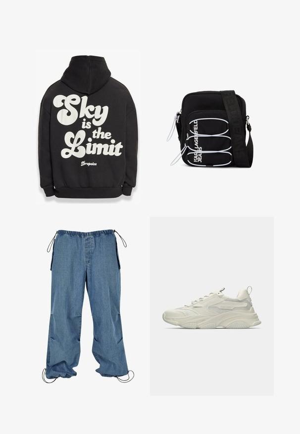 Schwarzer Pullover mit Kapuze und großem weißen Text auf der Rückseite: "Der Himmel ist die Grenze" mit dem "Dropsize"-Logo darunter. Weicher Stoff, lässige Passform.; Hellblaue Jeanshose mit elastischem Bund, Kordelzug an den Säumen und seitlichen Taschen. Der Stoff scheint weich zu sein und hat eine leicht ausgebleichte Textur.; Klobiger weißer Sneaker mit Netzakzenten, texturierter Gummisohle und abgerundeter Form. Verfügt über minimalistisches Branding und eine Ziehschlaufe an der Ferse.; Schwarze Umhängetasche mit weißen elastischen Schlaufen, Reißverschlüssen und weißem "KARL LAGERFELD JEANS"-Schriftzug auf der Vorderseite.