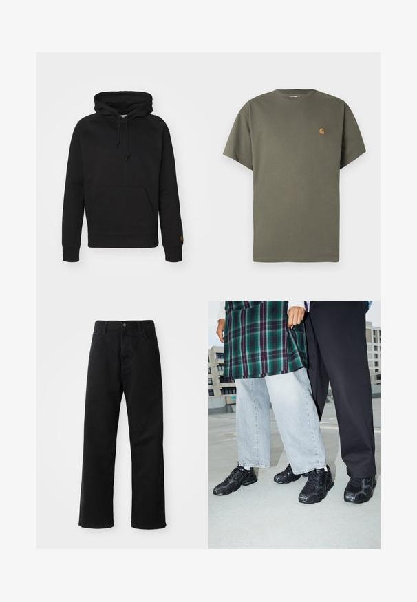 Schwarzer Hoodie aus weichem Stoff, mit einer Kängurutasche vorne, verstellbarem Kordelzug und gerippten Bündchen. Glatte Textur mit minimaler Gestaltung.; Olivgrünes T-Shirt mit Rundhalsausschnitt, kurzen Ärmeln, aus Baumwolle, mit kleinem orangefarbenem Logo auf der linken Brustseite.; Schwarze Jeans mit geradem Schnitt, ausgestattet mit Fronttaschen, einem Reißverschluss und einem einzelnen oberen Knopf. Texturiert mit matter Oberfläche.; Schwarze Sportschuhe mit Mesh- und Gummielementen. Kombiniert mit hellgrauen weiten Jeans und einem karierten grünen Oberteil. Flacher Hintergrund.