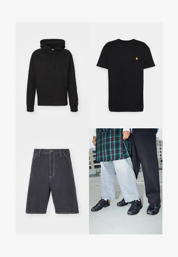 Zwarte hoodie van zacht materiaal, met een voorzak, verstelbare koord en geribde manchetten. Glad oppervlak met minimale detaillering.; Zwarte katoenen t-shirt met korte mouwen, ronde hals en een klein geel logo op de linker borst. Eenvoudig ontwerp en normale pasvorm.; Donkergrijze denim shorts met een relaxte pasvorm, voorzien van een knoopsluiting, riemlussen en subtiele witte stiksels. Geen zichtbare zakken.; Zwarte sportieve schoenen met mesh- en rubberaccenten. Draagt een lichtgrijze wijde spijkerbroek en een groen geruit shirt. Effen achtergrond.