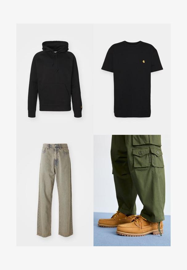 Zwarte hoodie van zacht materiaal, met een voorzak, verstelbare koord en geribde manchetten. Glad oppervlak met minimale detaillering.; Zwarte katoenen t-shirt met korte mouwen, ronde hals en een klein geel logo op de linker borst. Eenvoudig ontwerp en normale pasvorm.; Lichtgrijze wijde spijkerbroek van denim, met een vervaagde textuur, zichtbare stiksels en een traditionele knoop- en ritsclosure.; Timberland AUTHENTIC 3 EYE - Bootschoenen - wheat
