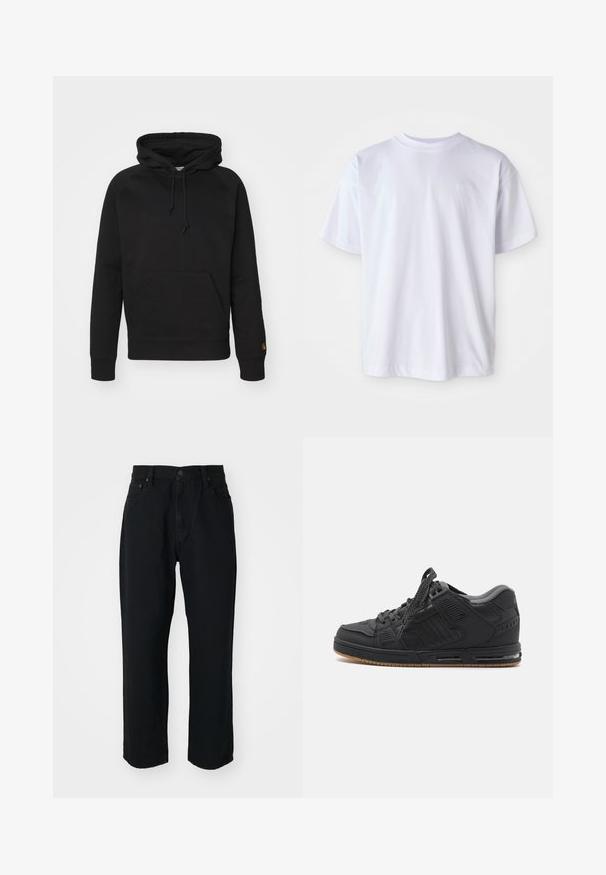 Sort hættejakke i blødt stof, med en frontlomme, justerbar snor og ribbede manchetter. Glat tekstur med minimal detaljer.; Hvid bomulds T-shirt med rund hals og korte ærmer. Har et diskret logo broderet i matchende farve på venstre bryst.; Sorte denim jeans med lige snit, letvægts stof, fem-lomme design og en knaplukning i taljen.; Sort atletisk sko med en glat syntetisk overdel, polstret krave, teksturerede detaljer og en gummisål med luftdæmpning.