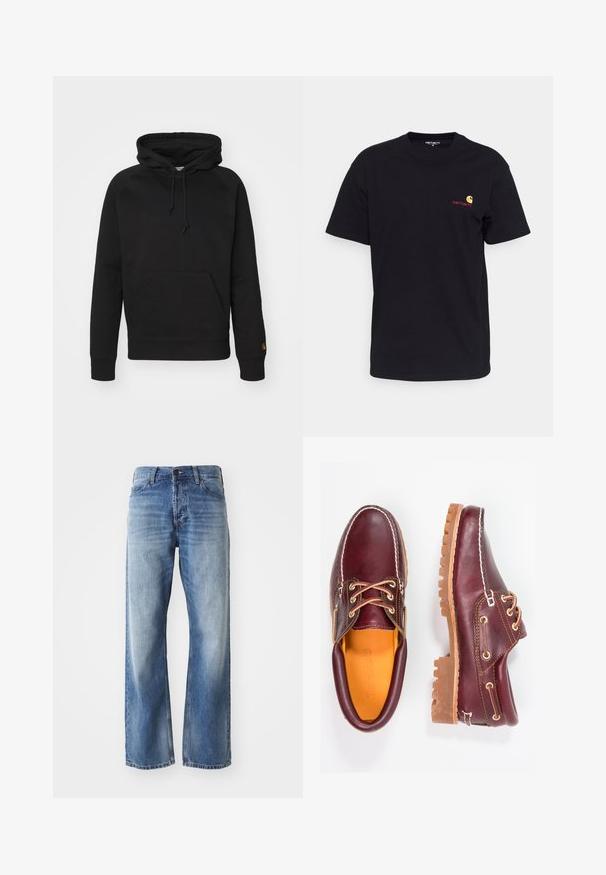 Schwarzer Hoodie aus weichem Stoff, mit einer Kängurutasche vorne, verstellbarem Kordelzug und gerippten Bündchen. Glatte Textur mit minimaler Gestaltung.; Schwarzes Baumwoll-T-Shirt mit kurzen Ärmeln, rundem Halsausschnitt und kleinem bunten Logo auf der linken Brust. Klassischer Schnitt mit glatter Textur.; Blaue Jeans mit geradem Bein aus Denim, mit leichtem Verblassen an den Oberschenkeln und Knien, ausgestattet mit fünf Taschen und einem Knopfverschluss.; Bordeauxfarbene Lederschuhe mit braunen Gummisohlen, runder Zehenform, weißen Nähten und goldenen Ösen. Das Innenfutter weist eine gelbe Beschichtung auf.