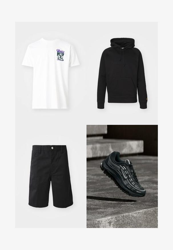 Schwarzer Hoodie aus weichem Stoff, mit einer Kängurutasche vorne, verstellbarem Kordelzug und gerippten Bündchen. Glatte Textur mit minimaler Gestaltung.; Weißes Baumwoll-T-Shirt mit einem grafischen Druck in Lila, der eine sitzende Figur zeigt, mit dem Text "Obey" und "Stop Worry Now!" in Schwarz.; Schwarze Baumwollshorts mit geradem Schnitt, Gürtelschlaufen, einem Metallknopfverschluss und ohne sichtbare Muster oder Akzente.; Schwarzer und grauer Nike Air Max Sneaker, der über graue Betonstufen mit strukturiertem Bodenhintergrund schwebt.