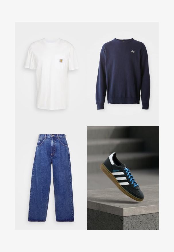 Suéter de cuello redondo de punto en azul marino con puños y dobladillo acanalados. Presenta un pequeño logo en el pecho y una textura suave.; Camiseta de algodón blanca con mangas cortas, un bolsillo en el pecho y un pequeño parche cuadrado de logo en naranja y blanco en el bolsillo.; Jeans de denim azul de pernera ancha con una cintura alta, que cuentan con cinco bolsillos, un cierre de botón y un ligero desgastado para dar textura.; Zapatilla negra Adidas con franjas blancas, cordones azules y suela de goma flotando sobre un escalón de hormigón gris con luz suave.