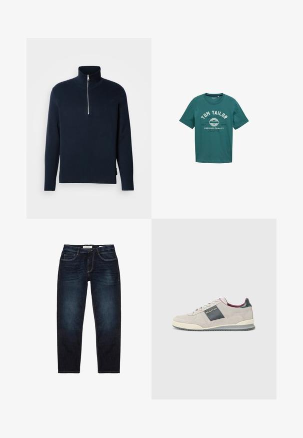 Pull en tricot bleu marine avec un col haut et une fermeture zippée sur la moitié. Il possède des manches longues et une texture lisse et douce.; T-shirt en coton teal à manches courtes avec un col rond et du texte imprimé blanc "TOM TAILOR" ainsi que des détails de design sur le devant.; Jean en denim bleu foncé avec une coupe standard, doté d'une fermeture éclair, de cinq poches et de coutures jaunes contrastantes. Texture lisse dans l'ensemble.; Baskets en daim gris clair avec un panneau d'accent gris foncé, semelle blanche et lacets ronds. Design confortable avec un col rembourré.