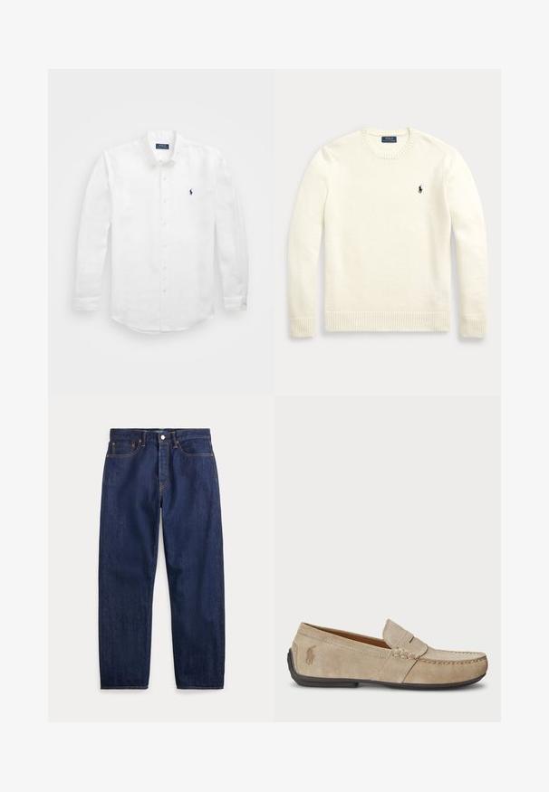 Valge pika varrukaga ümar-kaelusega kampsun soonikkoes mansettide ja äärega, millel on vasakul rinnal väike tume Polo Ralph Laureni logo.; Valge pikavarrukaga puuvillane särk, millel on nööpidega kaelus, vasakul rinnal väike tumesinine logo ja klassikaline nööpide sulgemine.; Tumesinised sirgete säärega teksapüksid, viis taskut, nööpkinnitus ja nähtavad õmblused.; Bež sueded loafers, mille õmblustega detailide, lame kummitald ja väike logo küljel. Klassikaline libisev disain, pehme tekstuur.