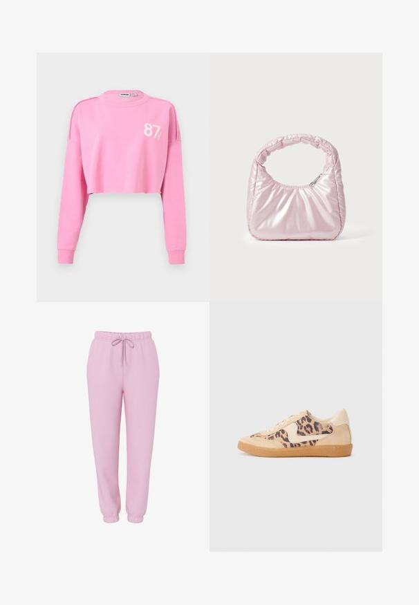 Roze cropped sweatshirt met lange mouwen en geribbelde boorden, met het nummer "87" en een klein logo op de bovenste linkerborst.; Lichtroze joggingsbroek met elastische tailleband, trekkoord, zijzakken en elastische boorden, afgebeeld op een witte achtergrond.; Luipaardprint sneakers met een beige suède bovenkant, tan rubberen zool en witte accenten. Ronde neus en vetersluiting met een gestructureerde afwerking.; Roze, gevoerde handtas met een afgeronde vorm, gemaakt van glanzend materiaal. Beschikt over een geplooide handgreep en een ritssluiting voor veilige toegang.