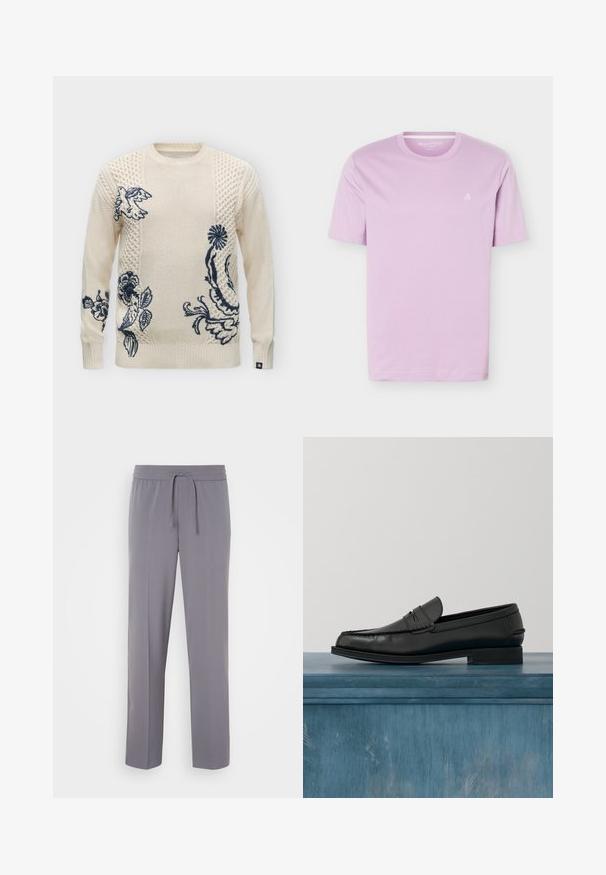 Jersey de punto color crema con diseños bordados en azul marino de flores y pájaros en el delantero y las mangas, con patrones texturizados en la tela.; Camiseta de manga corta de color púrpura claro con cuello redondo y pequeño logo blanco "M OP" en el pecho izquierdo, mostrada sobre un fondo blanco.; Pantalones grises, elásticos, con frente plano, cinturilla elástica y cordón, que presentan piernas rectas y una textura suave.; Mocasines de cuero negro con un diseño elegante, que presentan una puntera cosida y un acabado suave. El zapato tiene un tacón bajo y detalles mínimos.