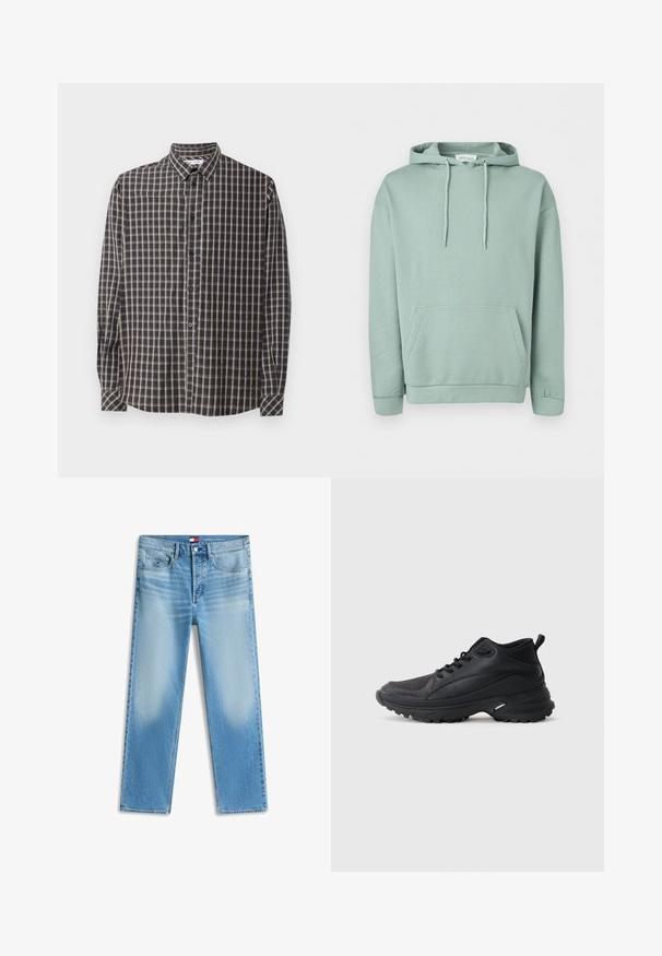 Hellgrüner Pullover mit Kapuze, Fronttasche, Kordelzug an der Kapuze sowie gerippten Bündchen und Saum.; Langärmliges Button-Down-Hemd im dunkelblauen und beigen Karomuster. Verfügt über einen klassischen Kragen und vordere Knöpfe mit geradem Saum.; Hellblaue Denim-Jeans mit geradem Bein, vorderem Knopf und Reißverschluss sowie kleiner Vordertasche mit Logo-Patch.; Schwarze Sportschuhe aus synthetischem Material. Ausgestattet mit einem gepolsterten Kragen, einer runden Spitze, einer robusten Laufsohle mit Profil und einem Markenlogo.