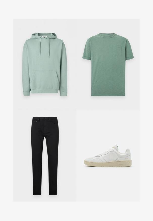 Lysegrøn pullover hoodie med forlomme, snøretrækshætte og ribkanter ved manchetter og kant.; Grøn kortærmet T-shirt med rund hals og brystlomme, vist fladt mod en hvid baggrund.; Sorte slim-fit jeans med fem lommer, knaplukning og bæltestropper, præsenteret på en ensfarvet hvid baggrund.; Hvide lædersneakers med struktureret overflade og polstret krave. Har en beige gummisål og diskret branding på hælen og siden.