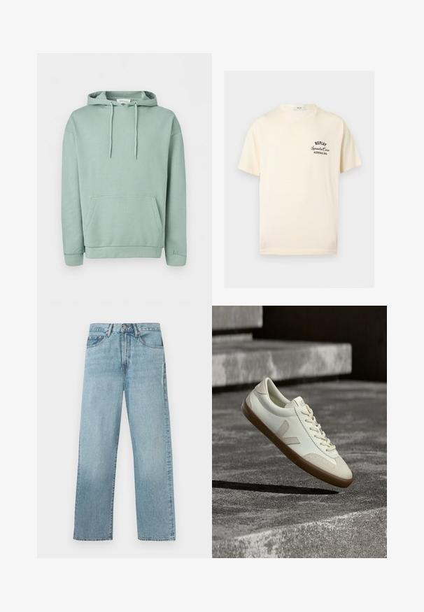 Lysegrøn pullover hoodie med forlomme, snøretrækshætte og ribkanter ved manchetter og kant.; Kremfarvet T-shirt med korte ærmer med sort tekst "REPLAY Squadra Corse ADRENALINA" på venstre bryst og rund halsudskæring.; Lyseblå denimjeans med lige ben, fem lomme-design og knaplukning i taljen.; Hvide læder sneakers med tanfarvet gummisål, flade snørebånd og V-formet detalje på siden. Har en glat overflade og minimale syninger.