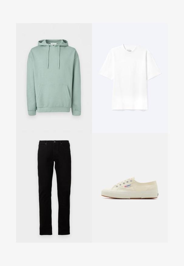 Lysegrøn pullover hoodie med forlomme, snøretrækshætte og ribkanter ved manchetter og kant.; Enkel hvid T-shirt med korte ærmer og rund hals med afslappet pasform, vist på en lys baggrund.; Sorte denim jeans med lige skæring, der har knaplukning, fem lommer og subtile syninger. Glat tekstur.; Beige lærredssneaker med et lavprofildesign, metaløjet og gummisål. Har et tekstureret mønster og logodetalje på siden.