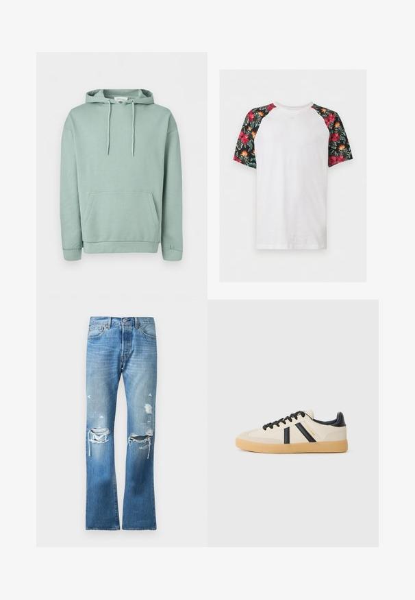 Sudadera con capucha de color verde claro, con bolsillo delantero, cordón en la capucha y puños y dobladillo acanalados.; Camiseta blanca de manga corta con mangas raglán negras con patrones florales tropicales en rojo y naranja.; Jeans de mezclilla azules de pierna recta con un lavado descolorido y múltiples desgastes en ambas rodillas y muslos superiores.; Zapatillas casuales en crema con rayas negras, con parte superior texturizada y suela de goma. Los cordones son negros. Logo sutil en el costado.