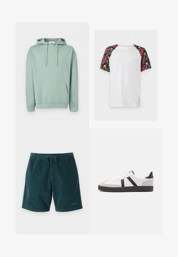 Sudadera con capucha de color verde claro, con bolsillo delantero, cordón en la capucha y puños y dobladillo acanalados.; Camiseta blanca de manga corta con mangas raglán negras con patrones florales tropicales en rojo y naranja.; Bañador de pana en color verde azulado oscuro con cintura elástica y cordón. Presenta un logo en la parte inferior de la pierna derecha. Textura suave, diseño hasta la rodilla.; Zapatilla blanca con acentos en negro y gris, que presenta una puntera texturizada en gris, suela de goma negra y cordones planos blancos. Diseño limpio, estilo minimalista.