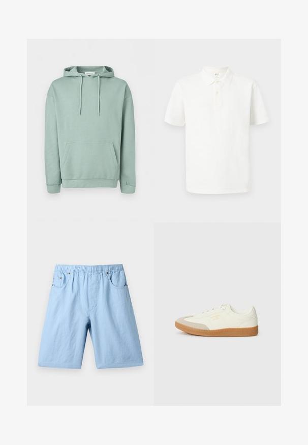 Sweat à capuche vert clair avec poche avant, capuche à cordon de serrage et poignets et ourlet côtelés.; Chemise polo blanche en coton avec un col classique, des manches courtes, une patte de boutonnage à deux boutons et un tissu texturé subtil.; Shorts bleu clair avec une taille élastique, deux poches avant et une texture lisse. Fabriqués à partir d'un tissu doux, adaptés à un usage décontracté.; Baskets en cuir blanc avec une coque beige et une semelle en caoutchouc marron clair. Dotées de lacets blancs plats et d'un logo embossé sur le côté.