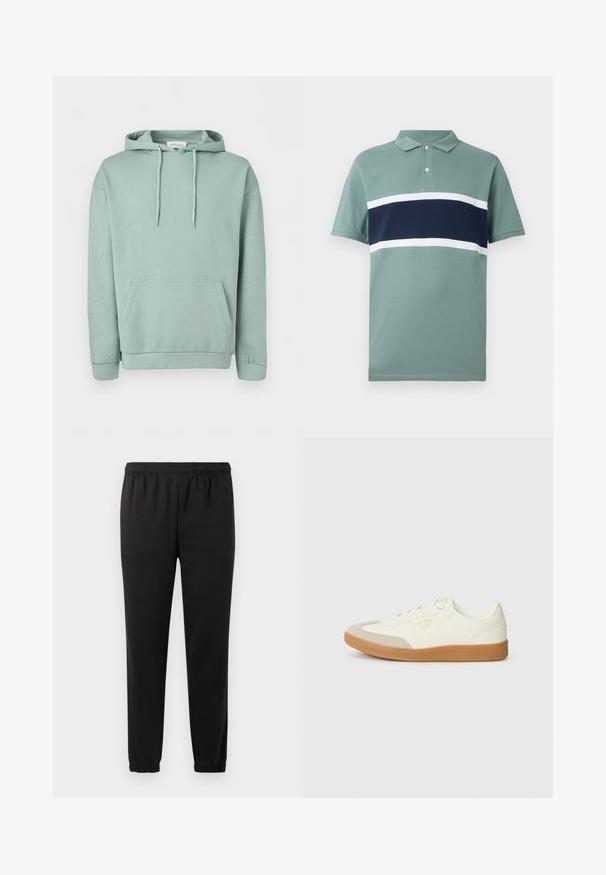 Sudadera con capucha de color verde claro, con bolsillo delantero, cordón en la capucha y puños y dobladillo acanalados.; Polo de manga corta en verde apagado con rayas horizontales en navy y blanco en el pecho y cuello con tapeta de dos botones.; Pantalones de chándal negros con cintura elástica, piernas ajustadas y tejido texturizado. Presenta un sutil detalle del logo en el lado izquierdo.; Zapatilla de cuero blanca con puntera beige y suela de goma marrón claro. Presenta cordones planos blancos y una marca en relieve en el lateral.