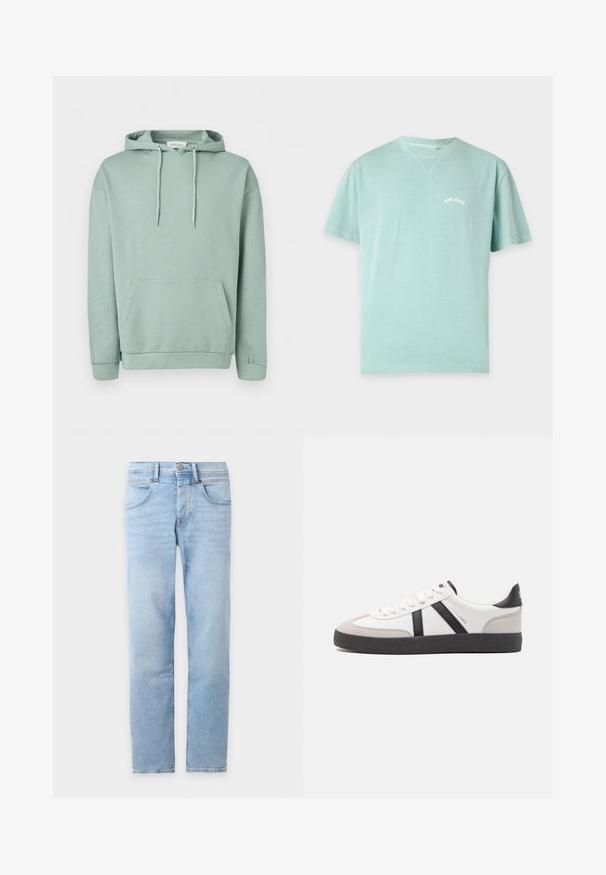 Sweat à capuche vert clair avec poche avant, capuche à cordon de serrage et poignets et ourlet côtelés.; T-shirt bleu clair à manches courtes et col rond avec petit texte blanc « PEPE JEANS » sur le côté gauche de la poitrine.; Jean denim bleu clair à jambes droites avec poches avant, passants de ceinture et fermeture à boutons sur fond blanc.; Baskets blanches avec des accents noirs et gris, présentant un embout texturé gris, une semelle en caoutchouc noir et des lacets plats blancs. Design épuré, style minimaliste.