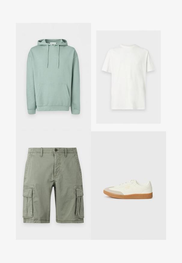 Lysegrøn pullover hoodie med forlomme, snøretrækshætte og ribkanter ved manchetter og kant.; Hvid kortærmet T-shirt med rund hals og afslappet pasform på ensfarvet lys baggrund.; Grønne cargo shorts lavet af bomuldsblanding, der har to sidelommer, knaplukning og lige snit.; Sneaker lavet af hvid læder med en beige tåhætte og let brunt gummisål. Har flade hvide snørebånd og prægede branding på siden.