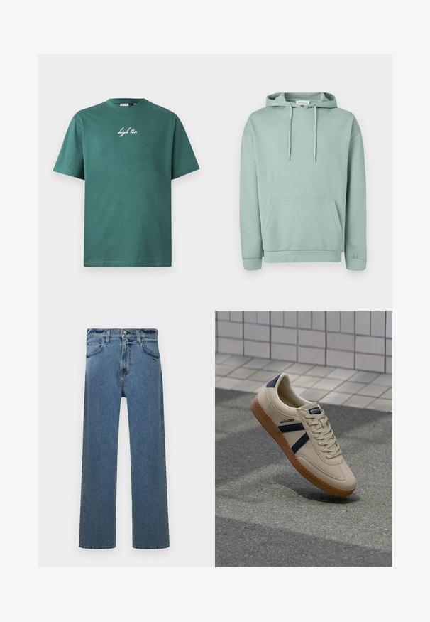 Sudadera con capucha de color verde claro, con bolsillo delantero, cordón en la capucha y puños y dobladillo acanalados.; Camiseta de algodón verde con escote redondo y mangas cortas. Presenta texto en cursiva blanca "high tea" en la parte frontal. Diseño sencillo, sin patrones.; Jeans de mezclilla rectos azules con cinco bolsillos, pasadores para cinturón y cierre de botón, exhibidos sobre un fondo blanco.; Zapatilla beige con acabado texturizado, rayas azul marino y suela de goma. Presenta una lengüeta acolchada y un sistema de cordones tradicional para un ajuste seguro.