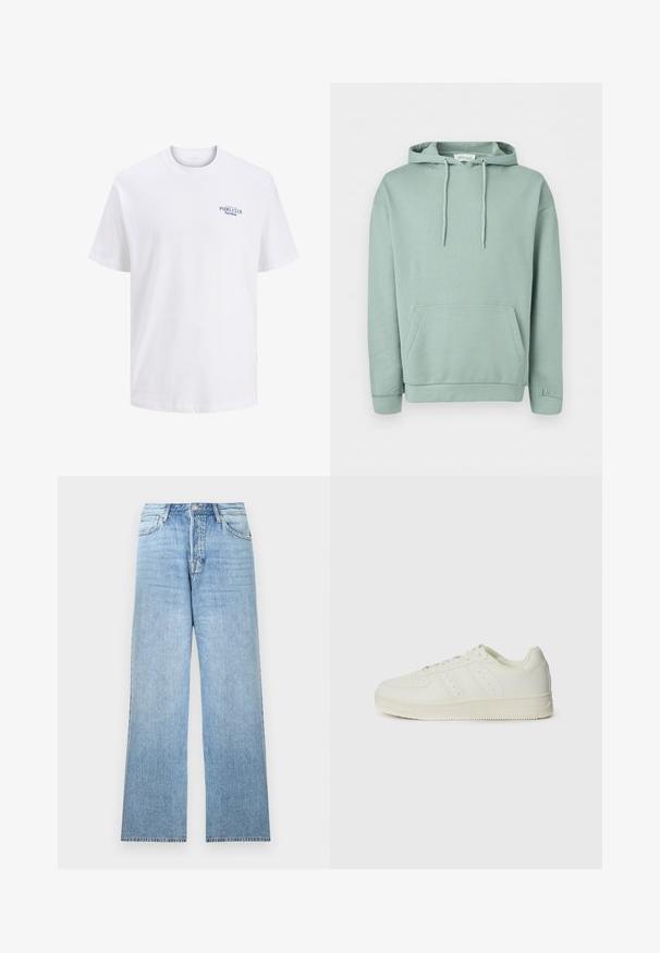 Lysegrøn pullover hoodie med forlomme, snøretrækshætte og ribkanter ved manchetter og kant.; Hvid bomulds t-shirt med rund hals, der har et lille blåt trykt logo på brystet med teksten "PADEL CLUB Barcelona." Korte ærmer.; Lyseblå denimjeans med lige ben, lukning med øverste knap, fem-lommer-design og frynset kant.; Hvide sneakers med en glat læderoverflade, snørebånd, perforerede detaljer og tre diagonale striber på siden. Gummisål.