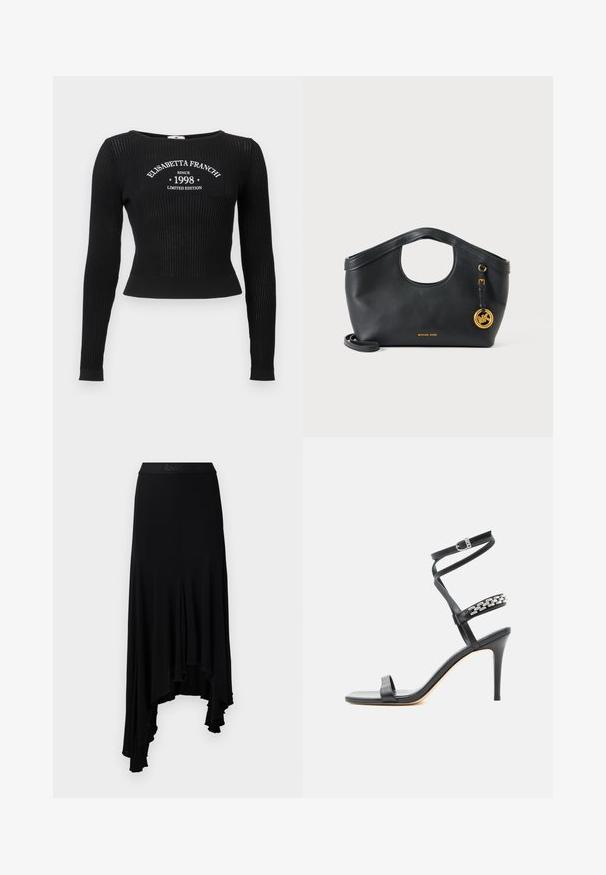Sort ribstrikket langærmet top med rund halsudskæring og hvid grafisk tekst, der lyder "ELISABETTA FRANCHI SINCE 1998 LIMITED EDITION."; Sort asymmetrisk nederdel med en bølget kant, lavet af blødt, strækbart materiale, med en bred taljebånd med præget branding.; Sort højhælet sandal med tynd ankelrem, midtfodsrem dekoreret med sølvkædeled og åben tå-design.; Sort læder Michael Kors håndtaske med rund top-håndtagudskæring, guldfarvet logocharme og aftagelig skulderrem på hvid baggrund.