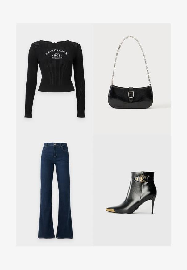 Čierny vrúbkovaný pletený top s dlhým rukávom, okrúhlym výstrihom a bielym grafickým textom "ELISABETTA FRANCHI SINCE 1998 LIMITED EDITION."; Tmavomodré rozšírené džínsy s vysokým pásom, vyrobené z denimu. Disponujú dvoma prednými vreckami a kontrastným prešívaním pozdĺž švov.; Čierna členková čižma z lesklej kože s špicatou špičkou, ihličkovým podpätkom a zlatými ozdobami vrátane dekoratívnej prackovej detaily.; Čierna lakovaná kožená kabelka na rameno so striebornou prackou a strieborným reťazovým remienkom, zobrazená na jednofarebnom svetlom pozadí.