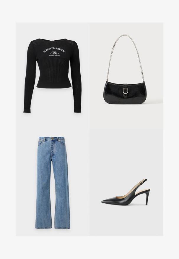 Zwart geribd gebreide top met lange mouwen, voorzien van een ronde halslijn en witte grafische tekst met de tekst "ELISABETTA FRANCHI SINCE 1998 LIMITED EDITION."; Lichtblauwe hoge taille straight-leg jeans met een voorknoop, rits en vijf-pocket ontwerp op een effen witte achtergrond.; Zwarte leren slingback-hakken met een spitse neus, verstelbare band en een elegante stiletto-hak, met een gladde afwerking.; Zwarte lakleren schoudertas met een zilveren gespdetail en een zilveren kettingriem, getoond tegen een effen lichte achtergrond.