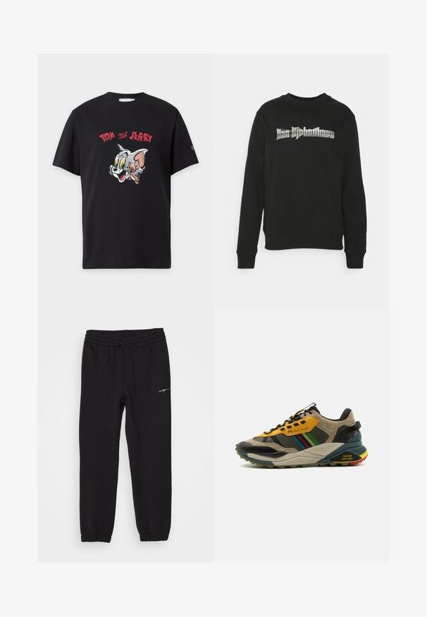 Han Kjøbenhavn ARTWORK REGULAR CREWNECK - Sweatshirt - black; T-shirt noir à manches courtes avec des visages colorés de Tom et Jerry dessin animé et texte rouge « Tom Jerry » au-dessus des personnages.; Pantalons de jogging noirs avec une taille élastique et un cordon de serrage, dotés de poches sur les côtés et de poignets aux chevilles. Marquage blanc discret sur la jambe.; Baskets multicolores à mélange de matériaux en daim et en mesh, avec un schéma de couleurs jaune et noir, des semelles texturées et des accents latéraux.