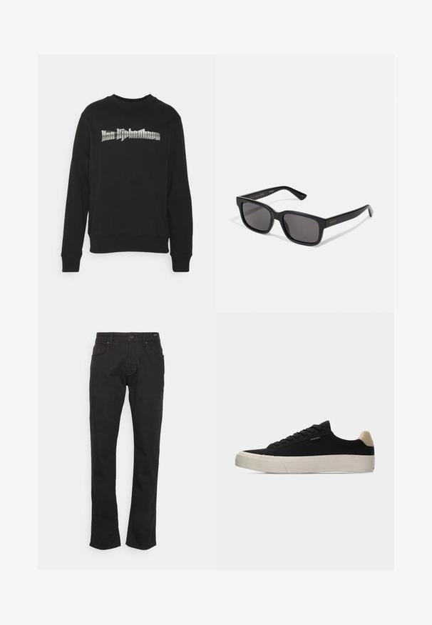Han Kjøbenhavn ARTWORK REGULAR CREWNECK - Sweatshirt - black; JOOP! Jeans MITCH - Jeans Straight Leg - black; Sort lavsko med beige hælkappe, tyk hvid gummisål, sorte snørebånd og lille "PS Paul Smith" mærke på siden.; Sorte rektangulære solbriller med mørke linser. Mat finish, guld branding på templet og lige, tilspidsede arme.
